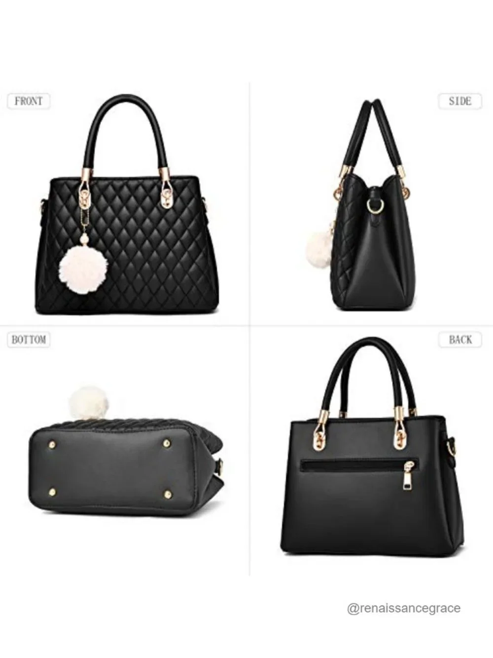 Womens PU Leather Top Handle Satchel Handbag with Diamond Quilted Pattern and